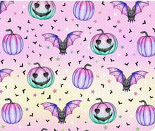 Load image into Gallery viewer, Halloween Bats and Pumpkin Satin Scrunchie